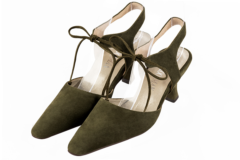 Khaki green women's open back shoes, with an instep strap. Tapered toe. Medium spool heels. Front view - Florence KOOIJMAN